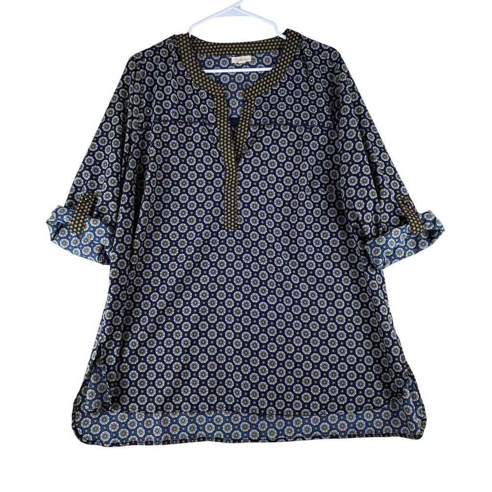 Antilia Femme Short Sleeve Tunic Blouse Top Women's 1X Geometric Motif Navy Gold